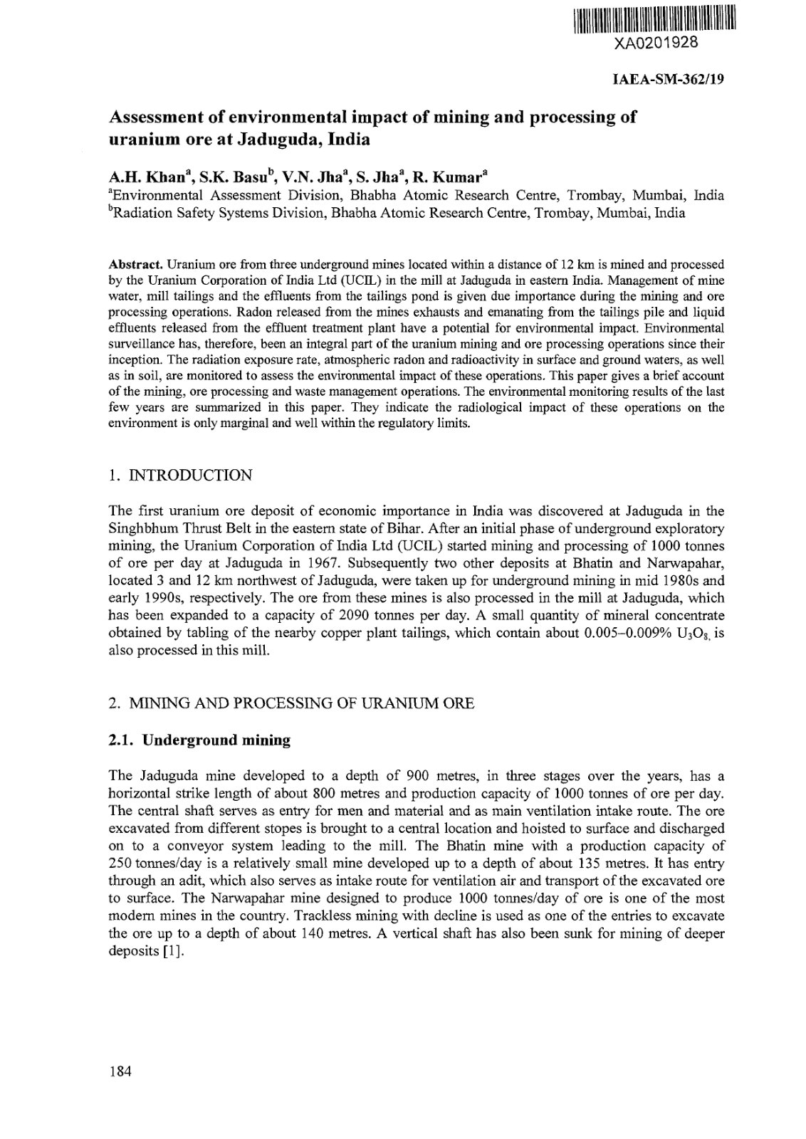 First page of Assessment of environmental impact of mining and processing of uranium ore at Jaduguda, India