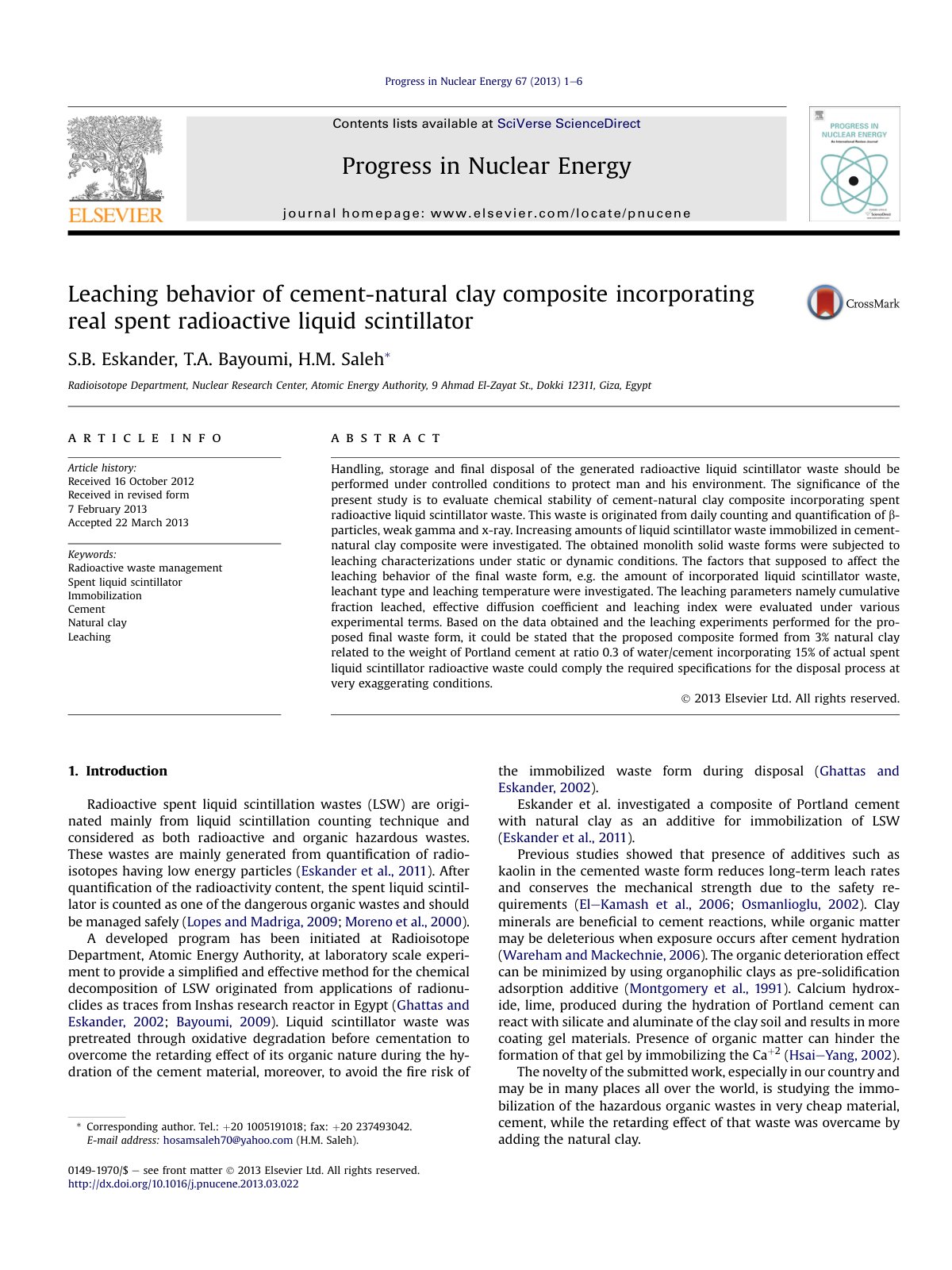 First page of Leaching behavior of cement-natural clay composite incorporating real spent radioactive liquid scintillator
