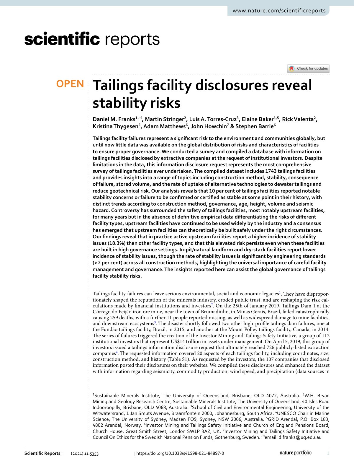 First page of Tailings facility disclosures reveal sta