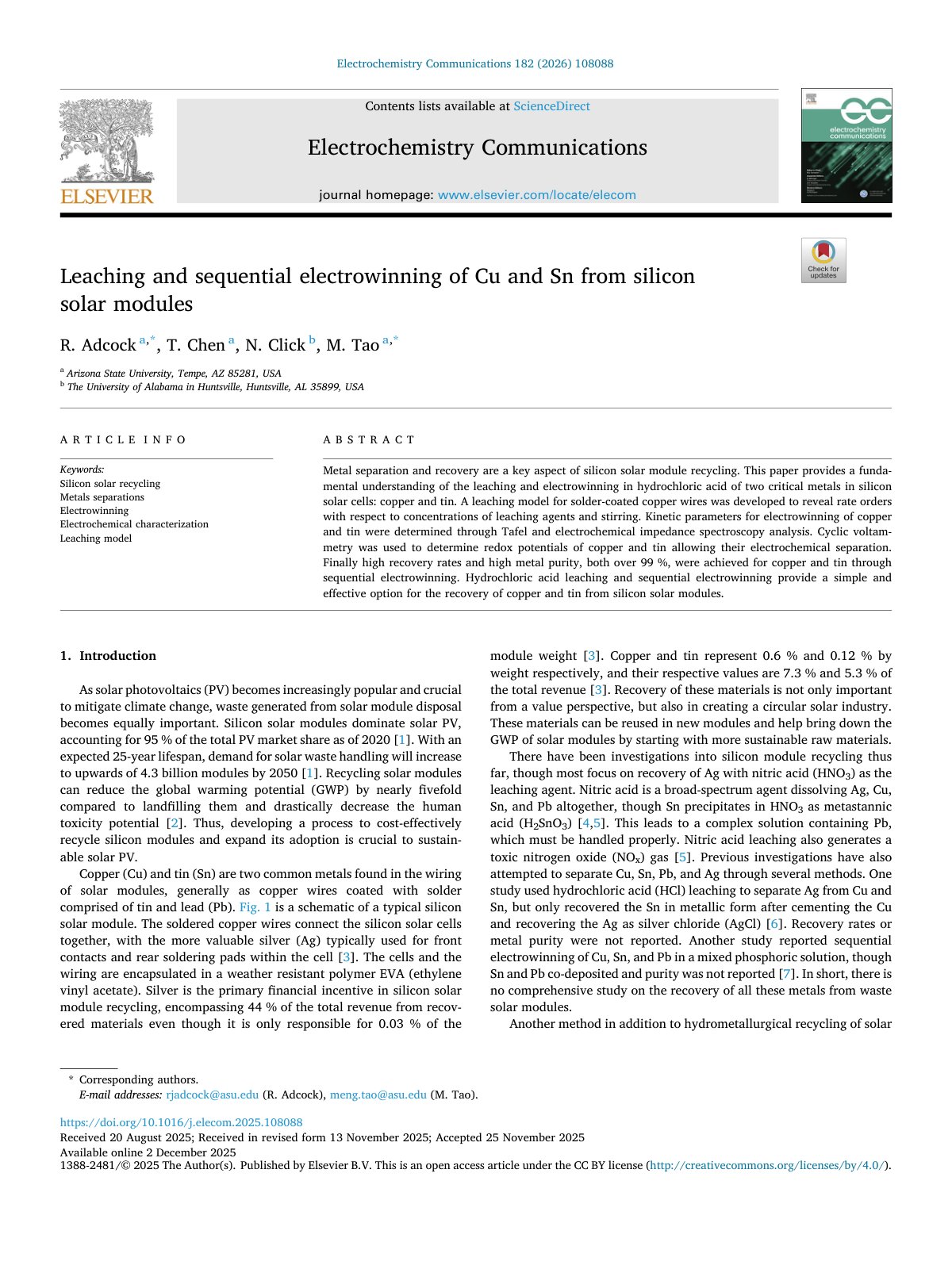 First page of Leaching and sequential electrowinning of Cu and Sn from silicon solar modules