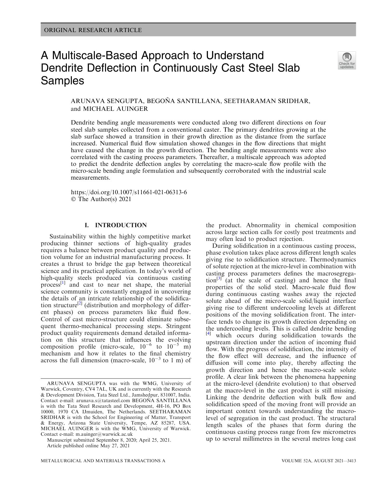First page of A Multiscale-Based Approach to Understand Dendrite Deﬂection in Continuously Cast Steel Slab Samples