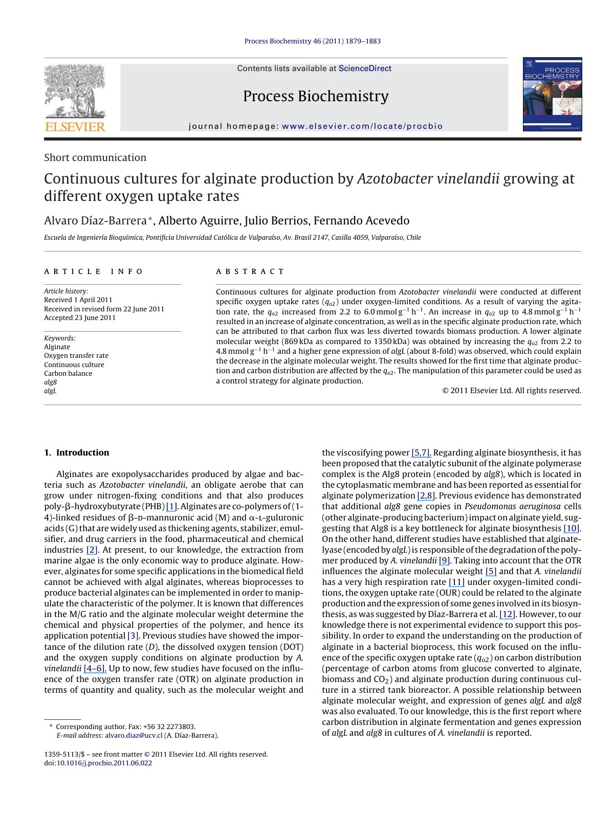 First page of Continuous cultures for alginate product