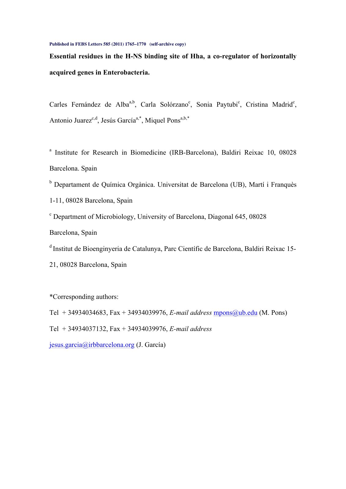 First page of Essential residues in the H-NS binding site of Hha, a co-regulator of horizontally acquired genes in Enterobacteria.