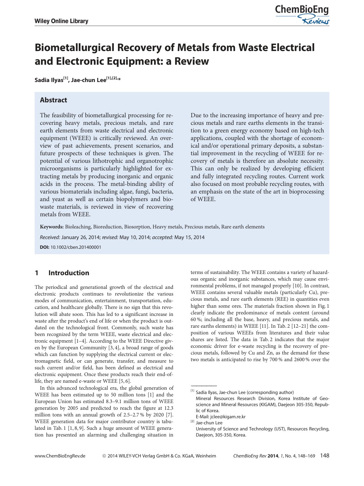 First page of Biometallurgical Recovery of Metals from Waste Electrical and Electronic Equipment: a Review