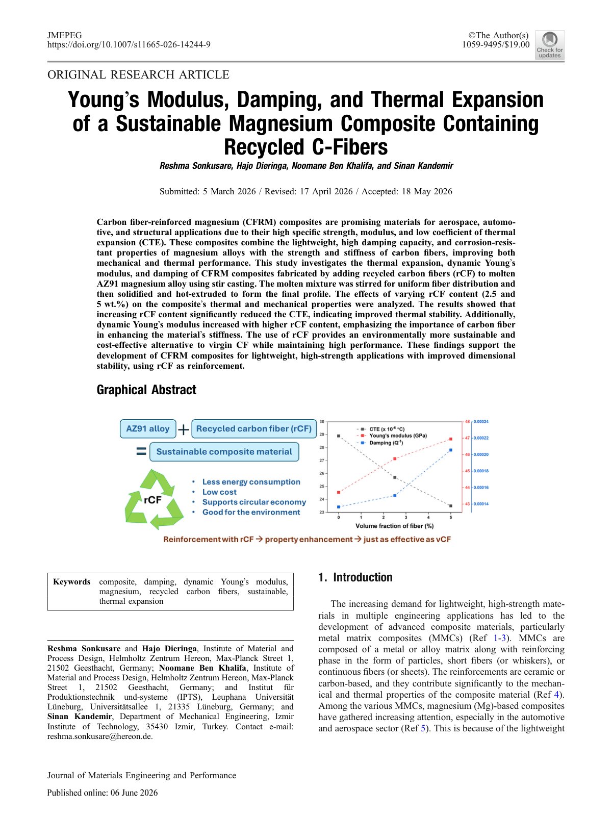 First page of 2026 Sonkusare AZ91 Recycled Carbon Fiber Composite