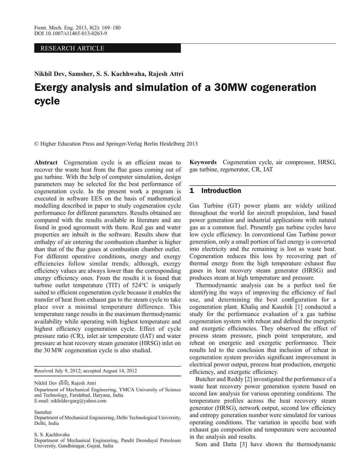 First page of Exergy analysis and simulation of a 30MW