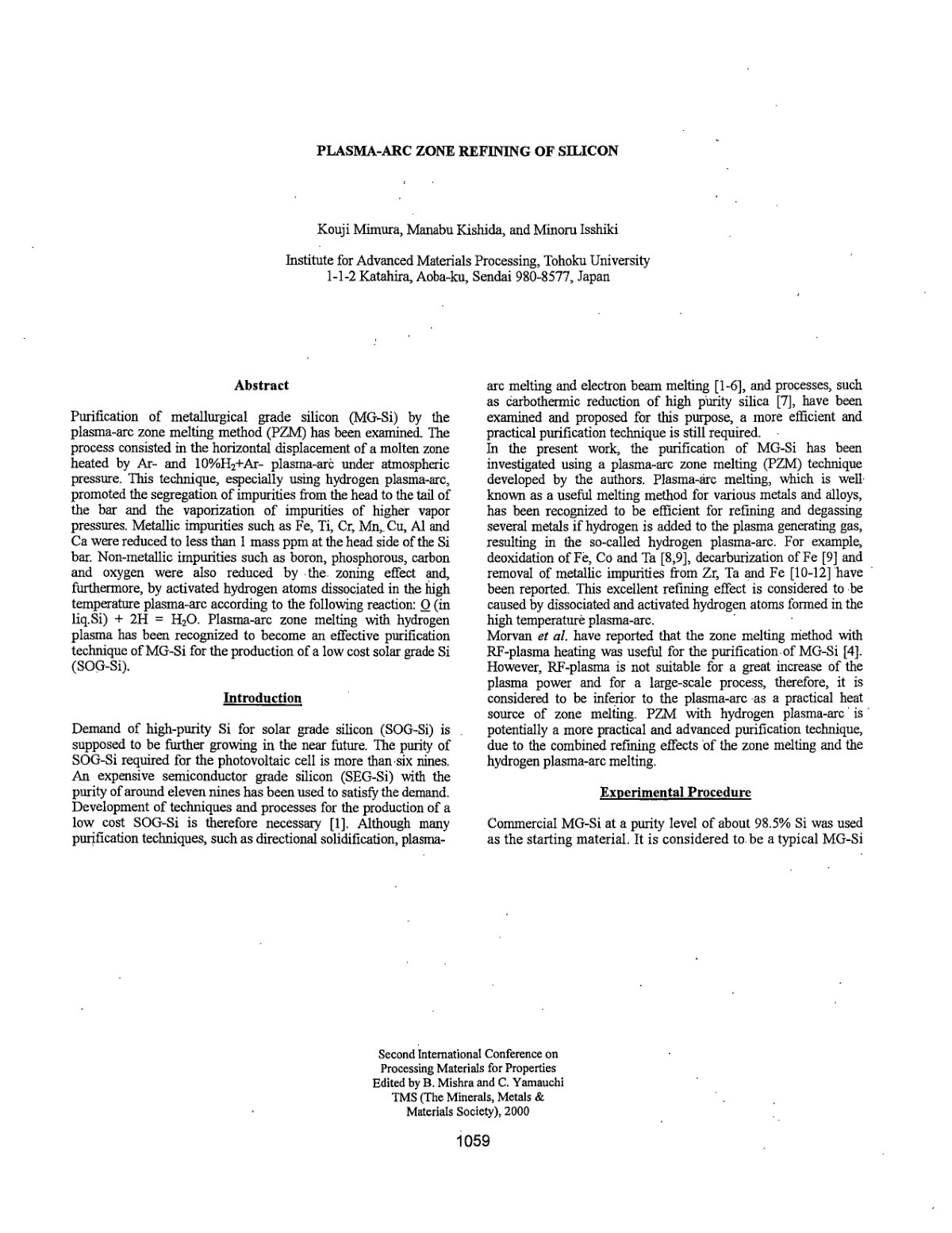 First page of PLASMA-ARC ZONE REFINING OF SILICON