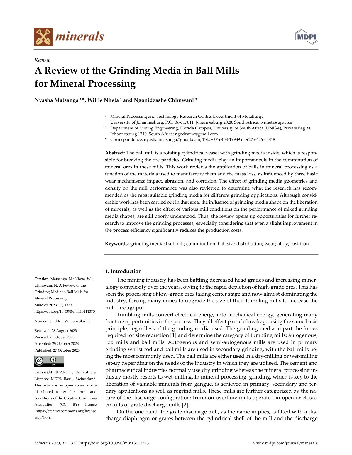 First page of A Review of the Grinding Media in Ball Mills for Mineral Processing