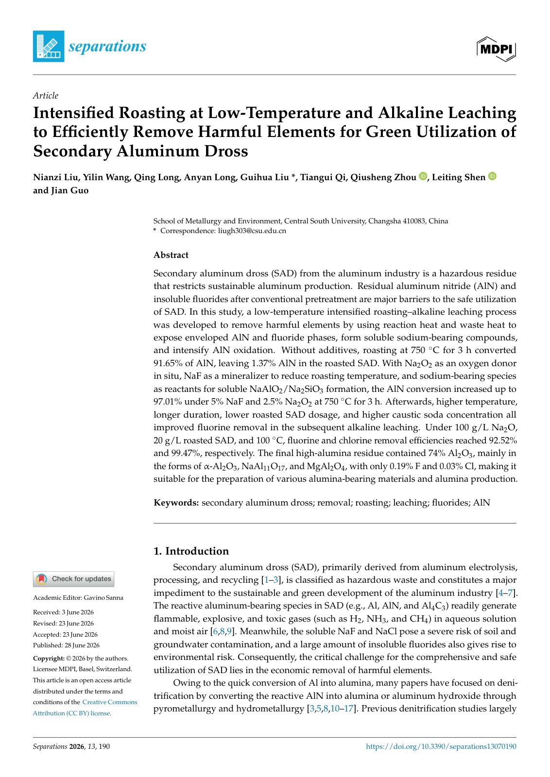 First page of Intensified Roasting at Low-Temperature and Alkaline Leaching to Efficiently Remove Harmful Elements for Green Utilization of Secondary Aluminum Dross