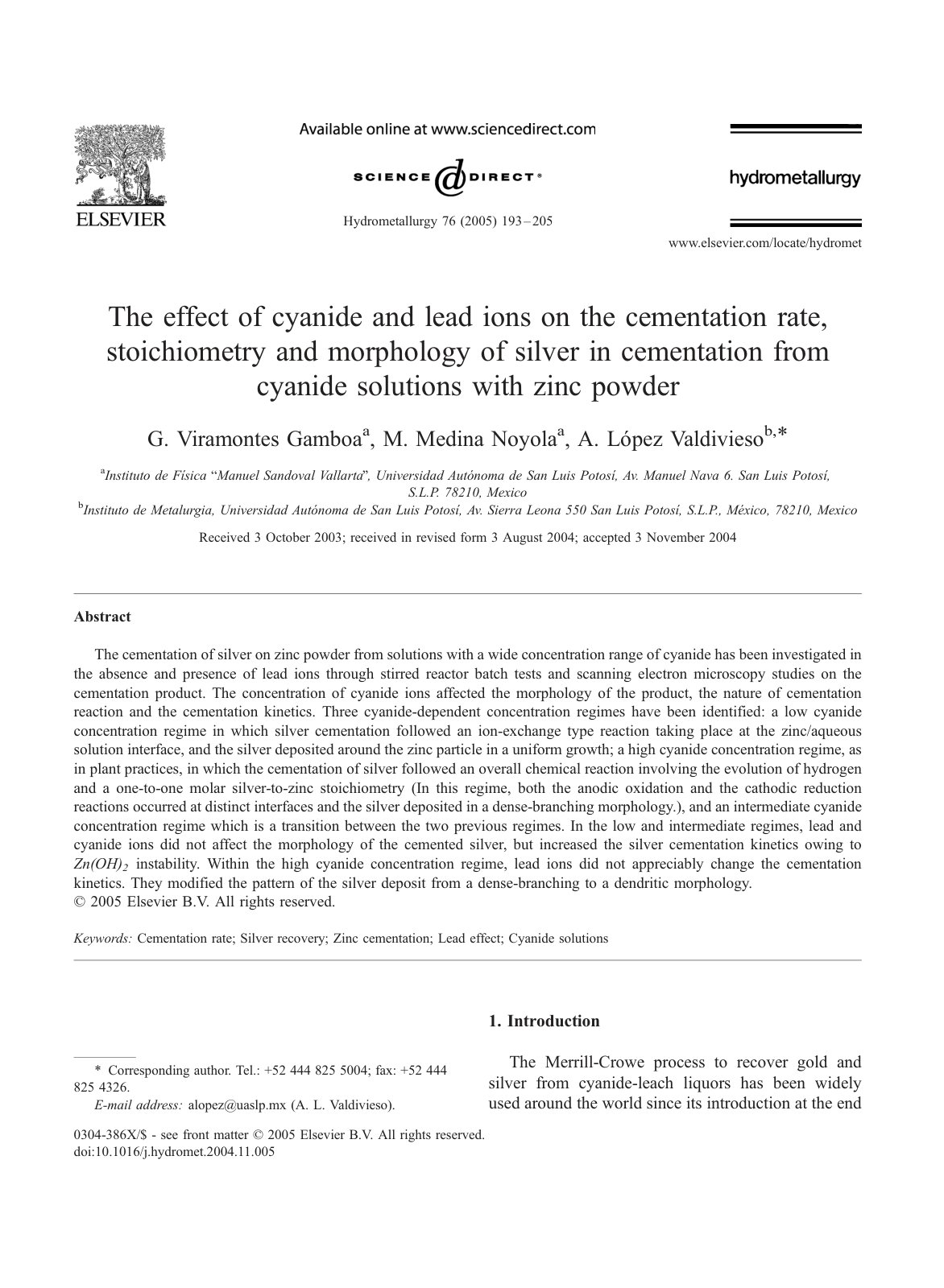 First page of The effect of cyanide and lead ions on the cementation rate, stoichiometry and morphology of silver in cementation from cyanide solutions with zinc powder
