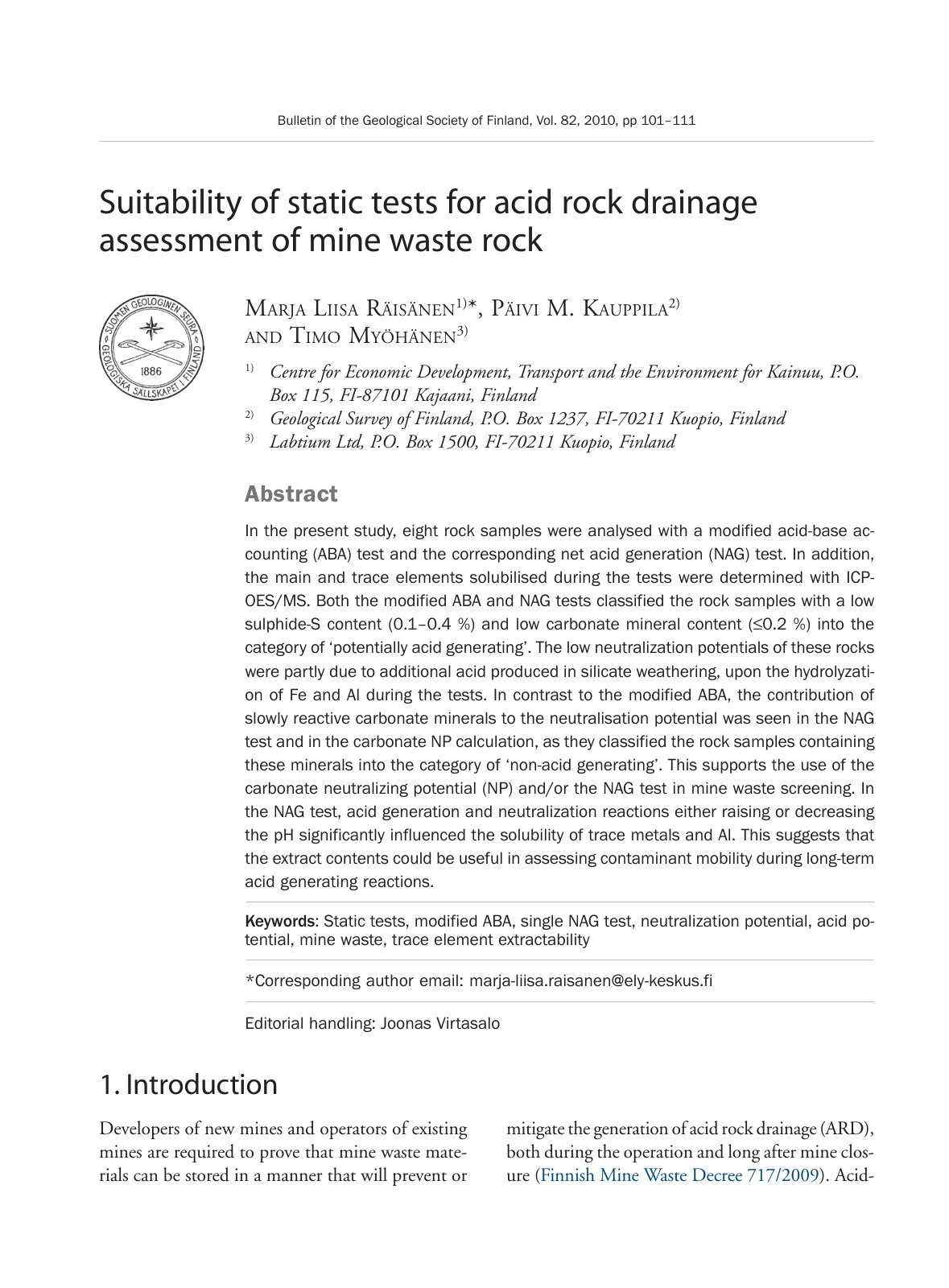 First page of Suitability of static tests for acid rock drainage assessment of mine waste rock