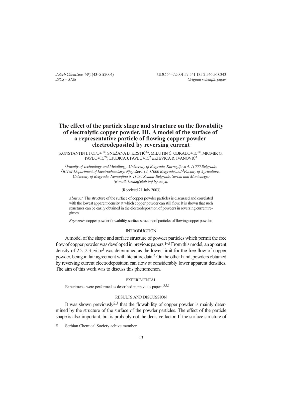 First page of The effect of the particle shape and structure on the flowability of electrolytic copper powder . III. A model of the surface of a representative particle of flowing copper powder electrodeposited by reversing current