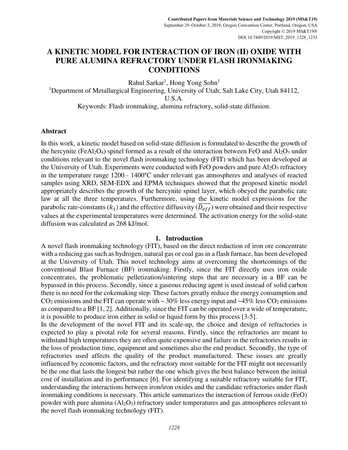 First page of A KINETIC MODEL FOR INTERACTION OF IRON (II) OXIDE WITH PURE ALUMINA REFRACTORY UNDER FLASH IRONMAKING CONDITIONS