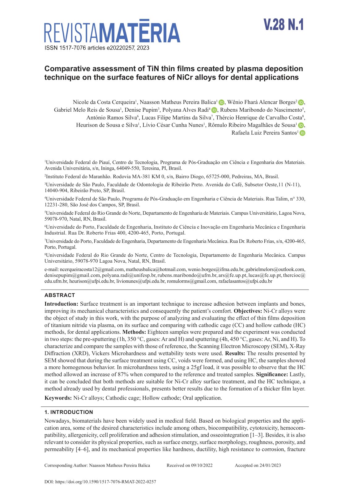 First page of Comparative assessment of TiN thin films created by plasma deposition technique on the surface features of NiCr alloys for dental applications