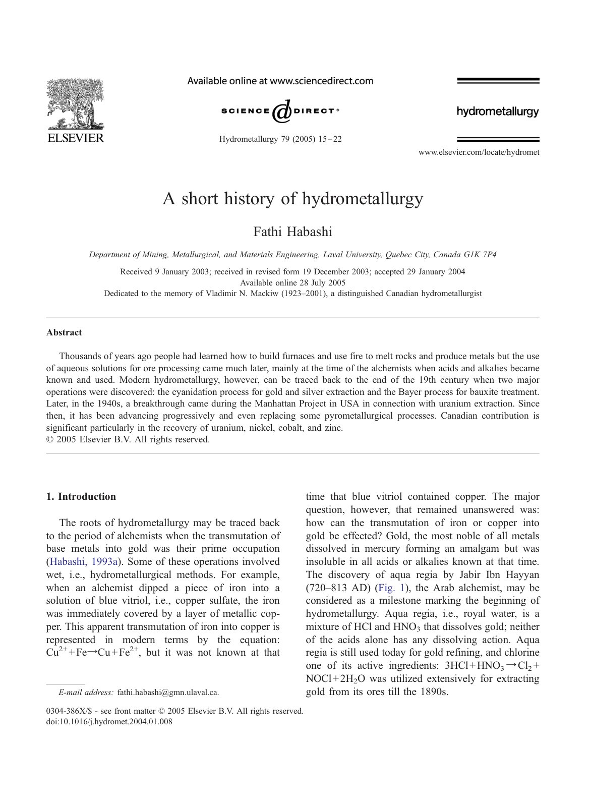 First page of A Short History of Hydrometallurgy