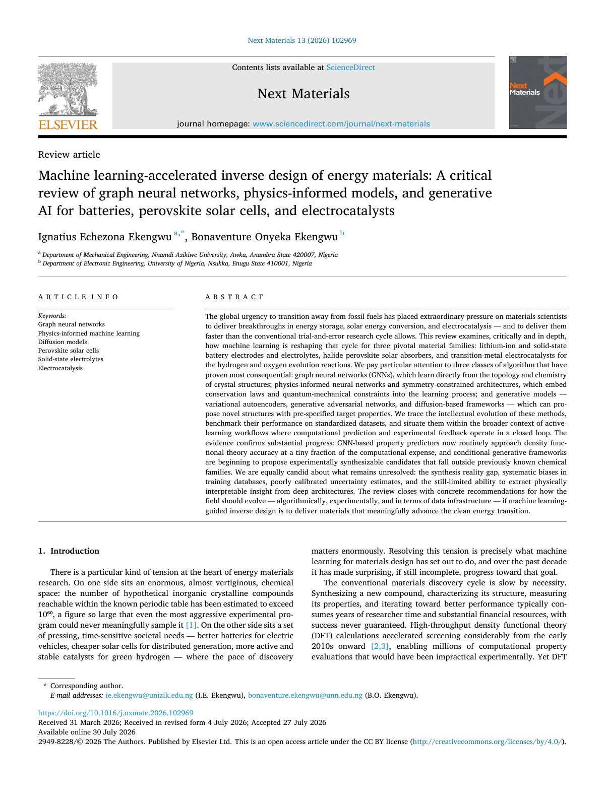 First page of Machine learning accelerated inverse design of energy materials  A 2026 Next