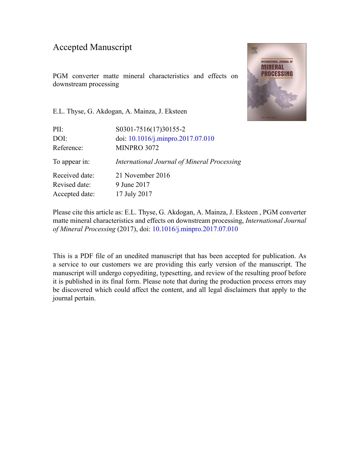 First page of PGM converter matte mineral characterist