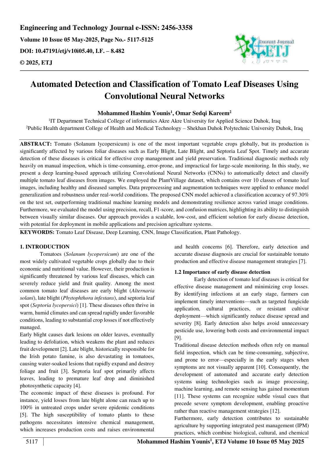 First page of Automated Detection and Classification of Tomato Leaf Diseases Using  Convolutional Neural Networks  