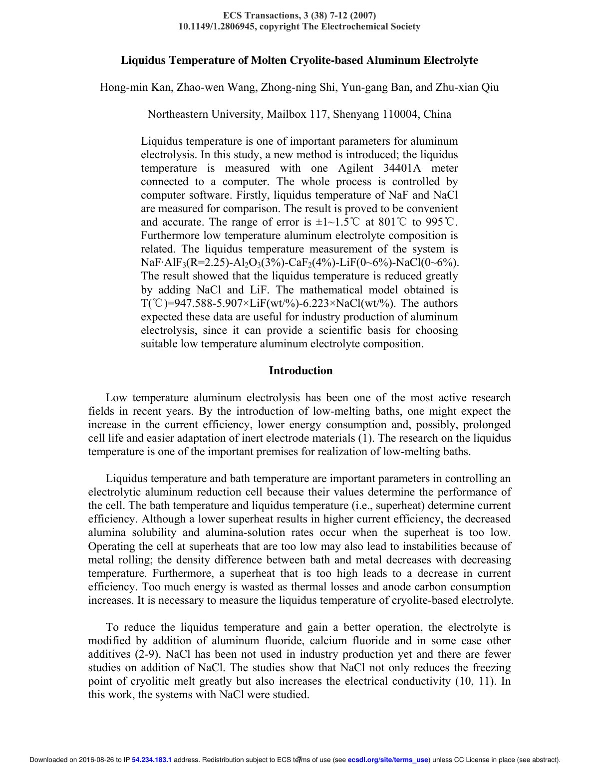 First page of Liquidus Temperature of Molten Cryolite