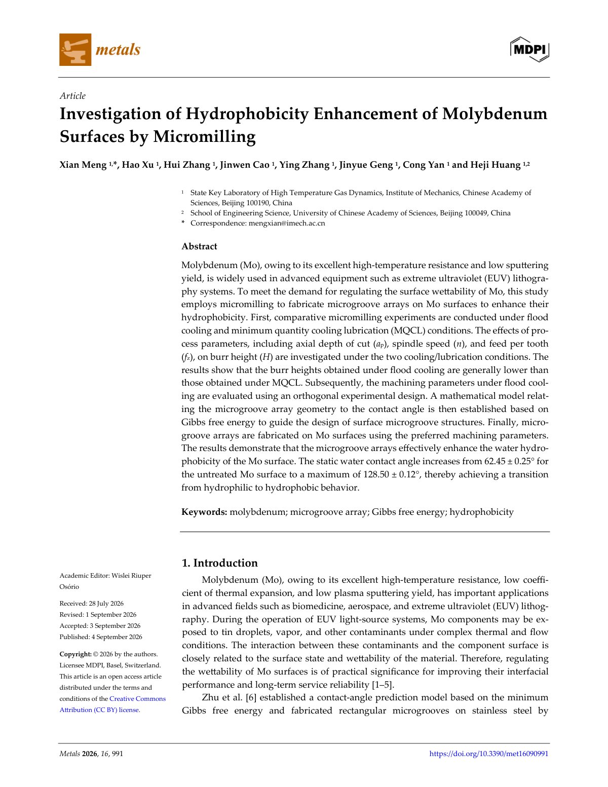 First page of 2026 Meng Molybdenum Hydrophobicity Micromilling