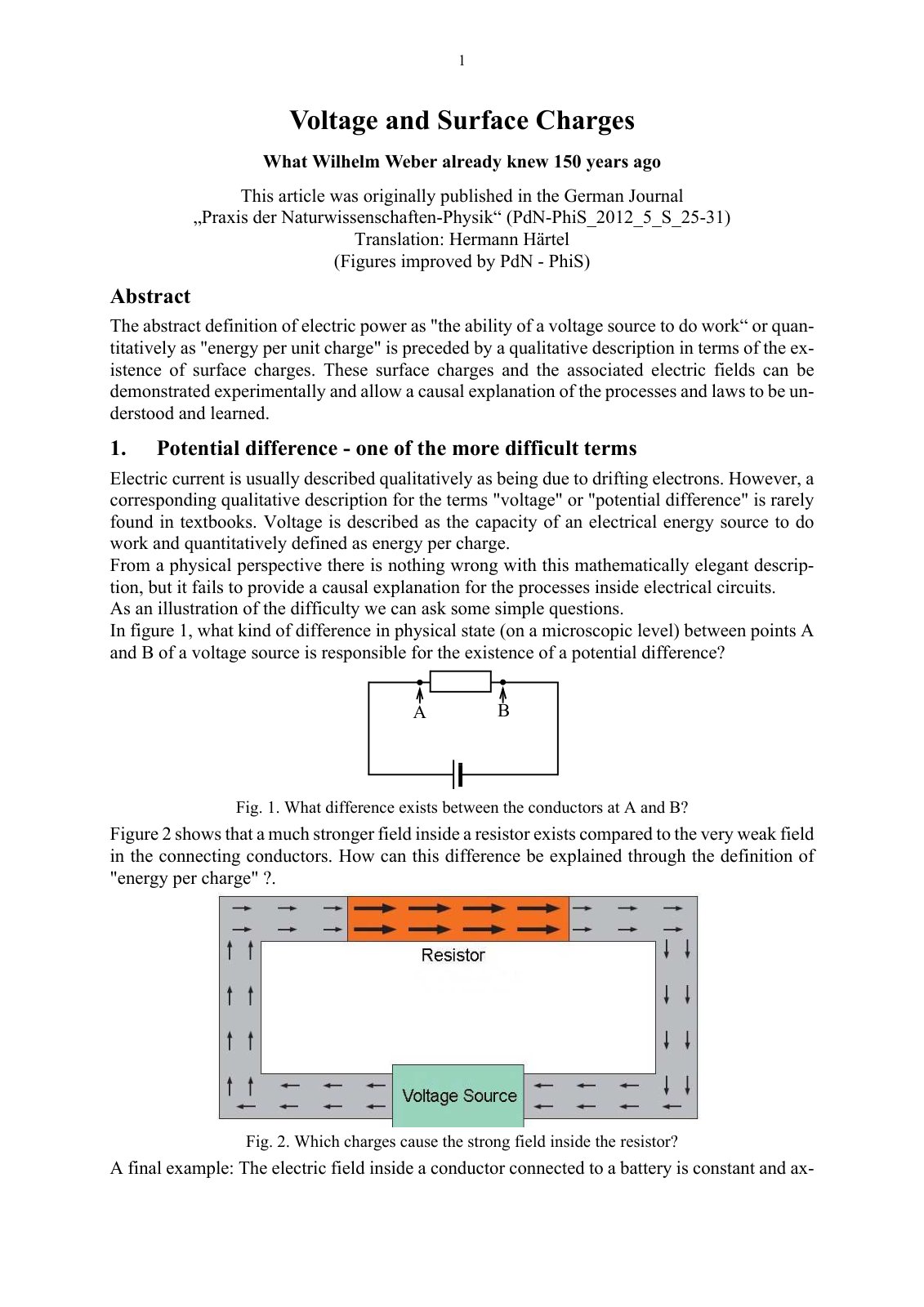 First page of Voltage and Surface Charges What Wilhelm Weber already knew 150 years ago