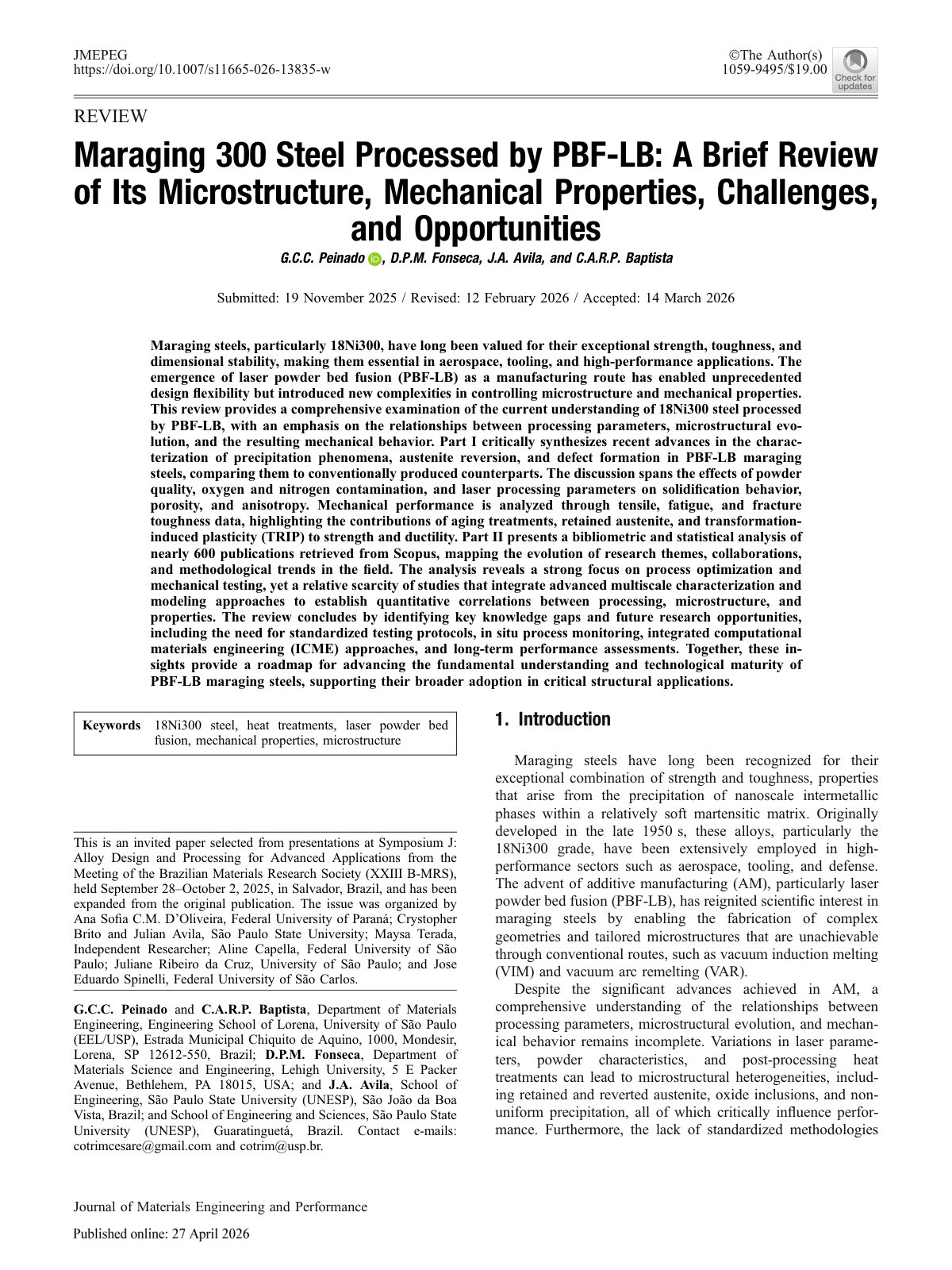 First page of 2026 Peinado Maraging300 PBFLB Review