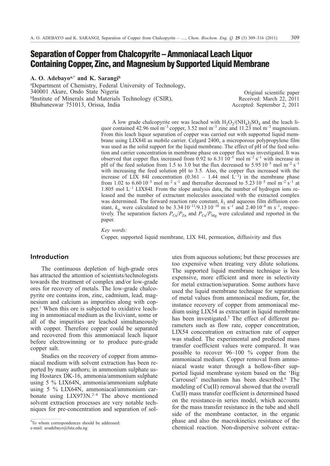 First page of Separation of copper from chalcopyrite l