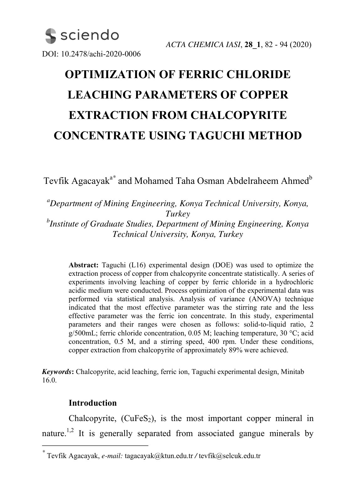 First page of Optimization of Ferric Chloride Leaching