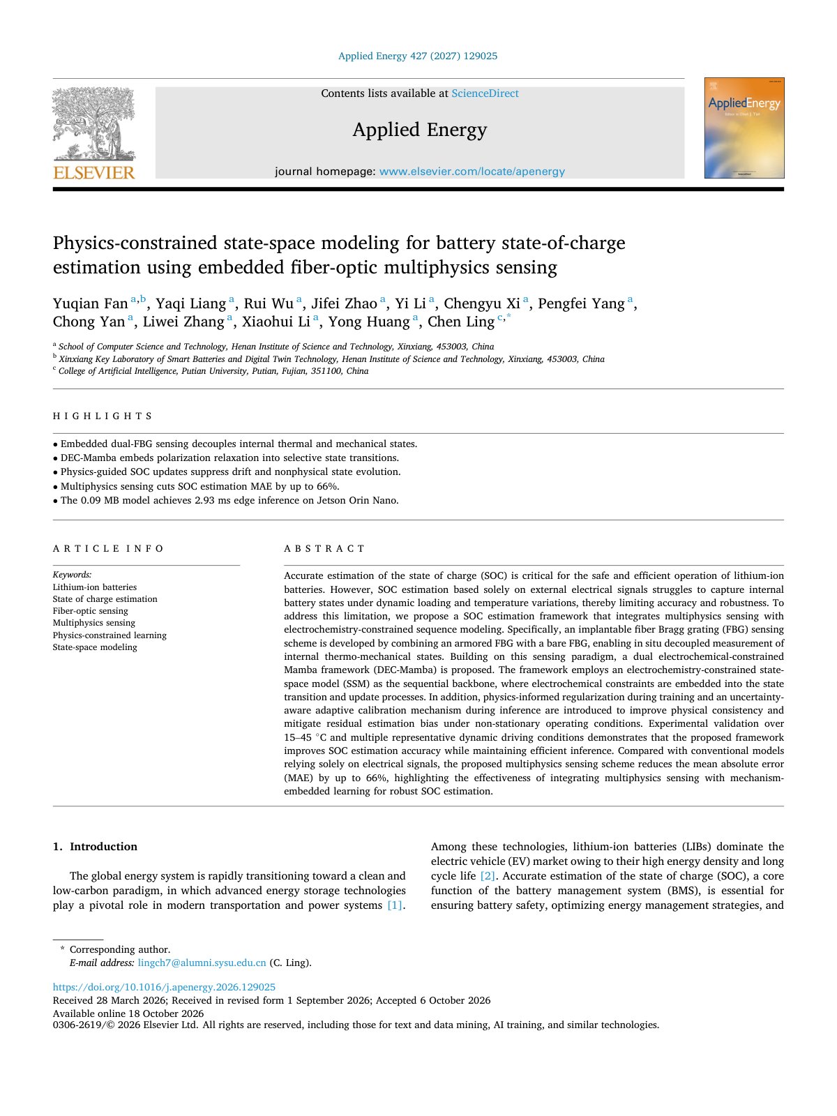 First page of Physics constrained state space modeling for battery state of ch 2027 Applie