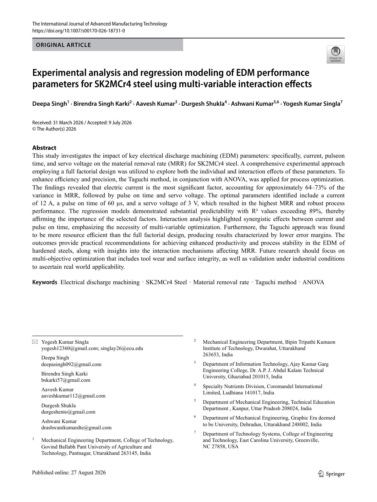First page of 2026 Singh SK2MCr4 EDM Parameter Modeling