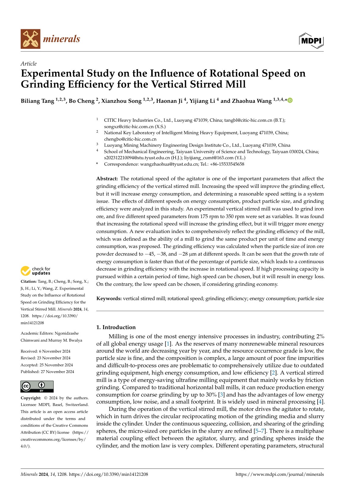 First page of Experimental Study on the Influence of Rotational Speed on Grinding Efficiency for the Vertical Stirred Mill