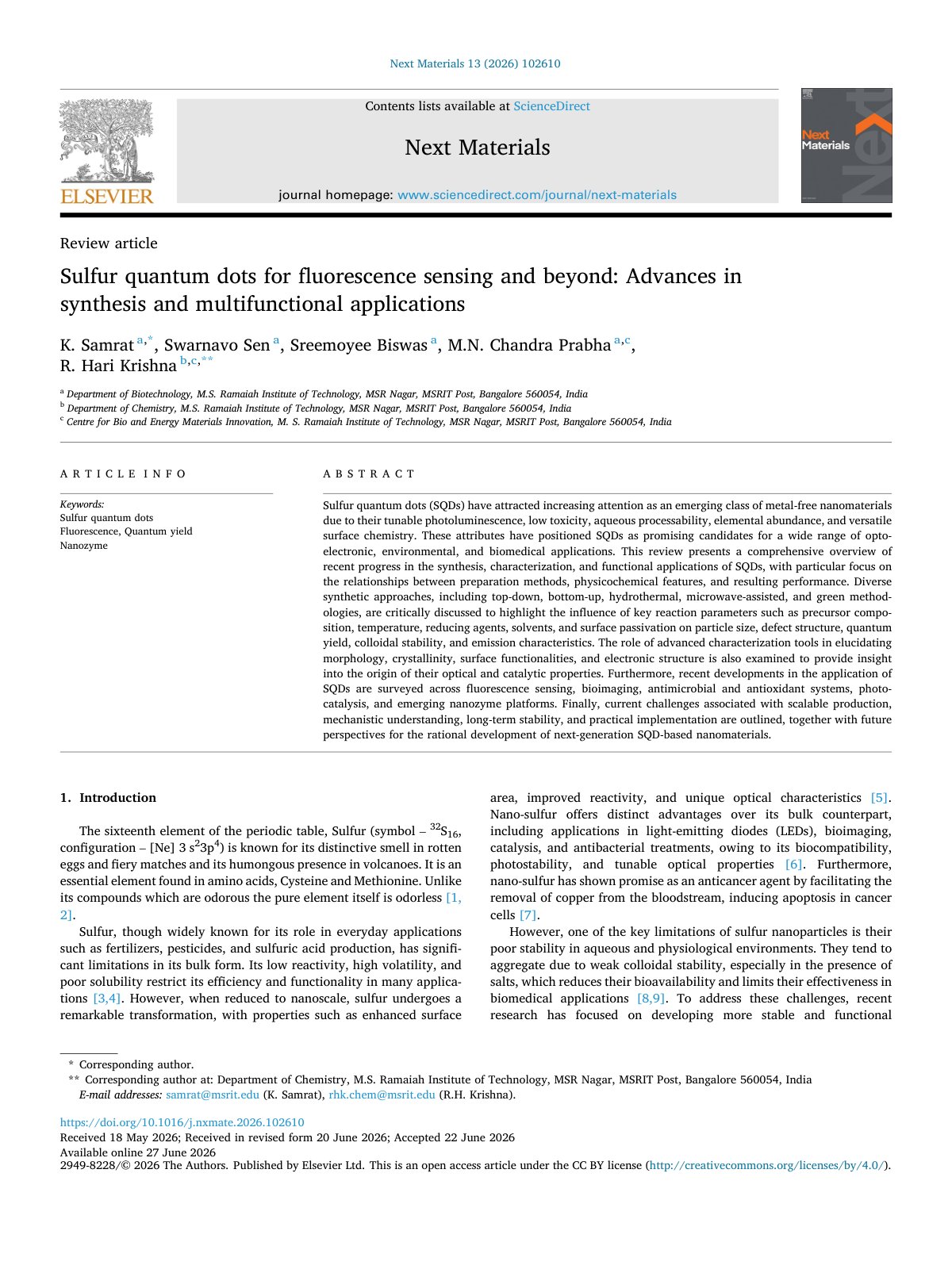 First page of Sulfur quantum dots for fluorescence sensing and beyond  Advanc 2026 Next Ma
