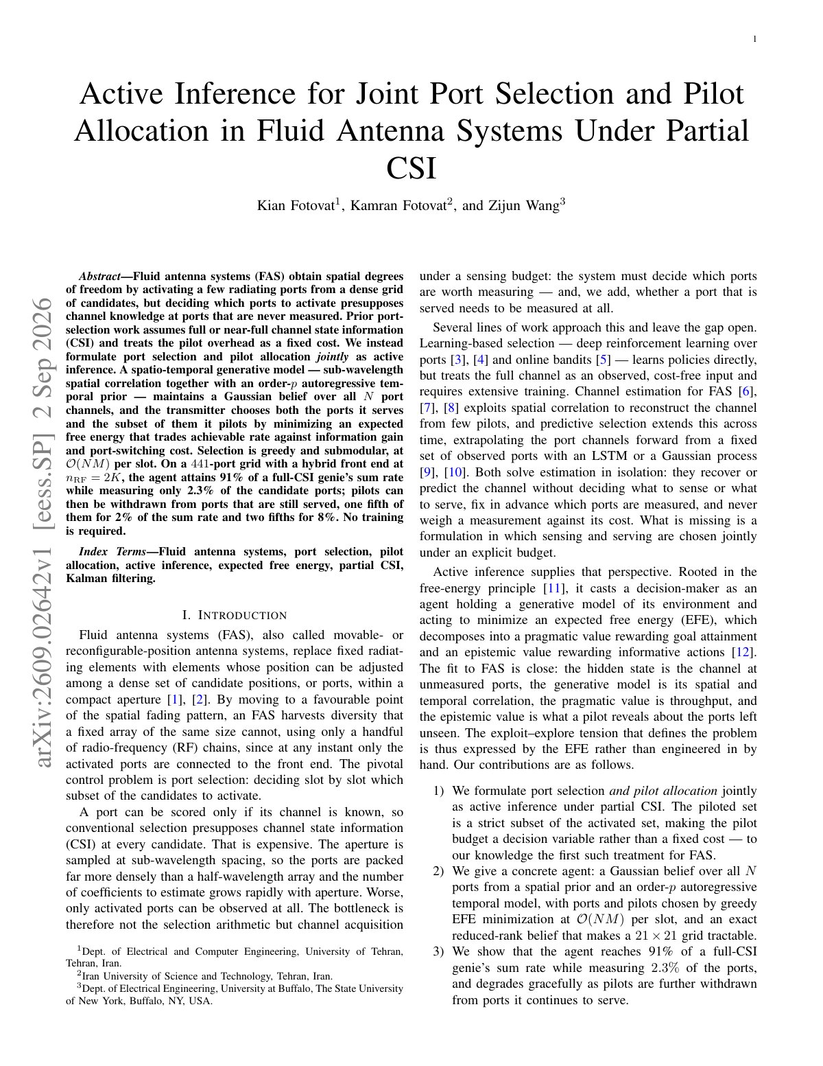 First page of Active Inference for Joint Port Selection and Pilot Allocation in Fluid Antenna Systems Under Partial CSI