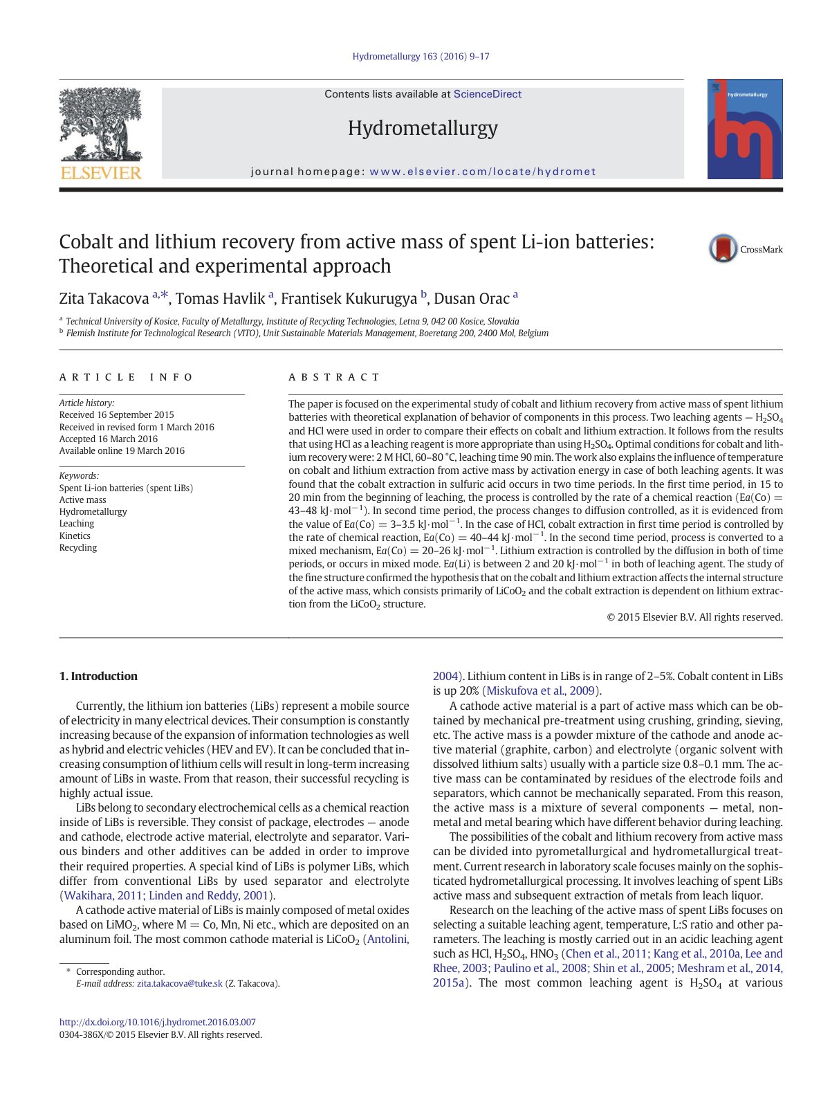 First page of Cobalt and lithium recovery from active mass of spent Li-ion batteries: Theoretical and experimental approach