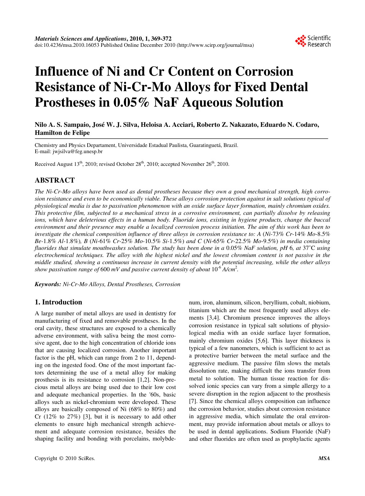 First page of Influence of Ni and Cr Content on Corrosion Resistance of Ni-Cr-Mo Alloys for Fixed Dental Prostheses in 0.05% NaF Aqueous Solution