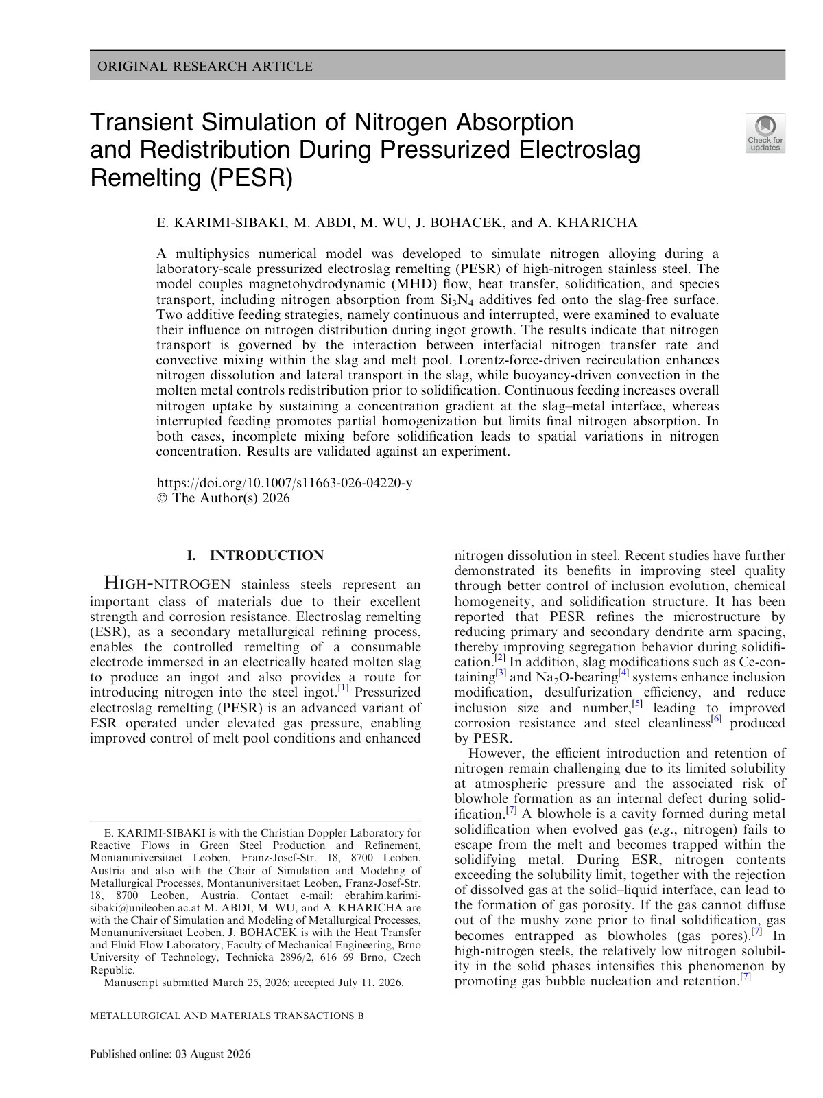 First page of Transient Simulation of Nitrogen Absorption and Redistribution During Pressurized Electroslag Remelting (PESR)