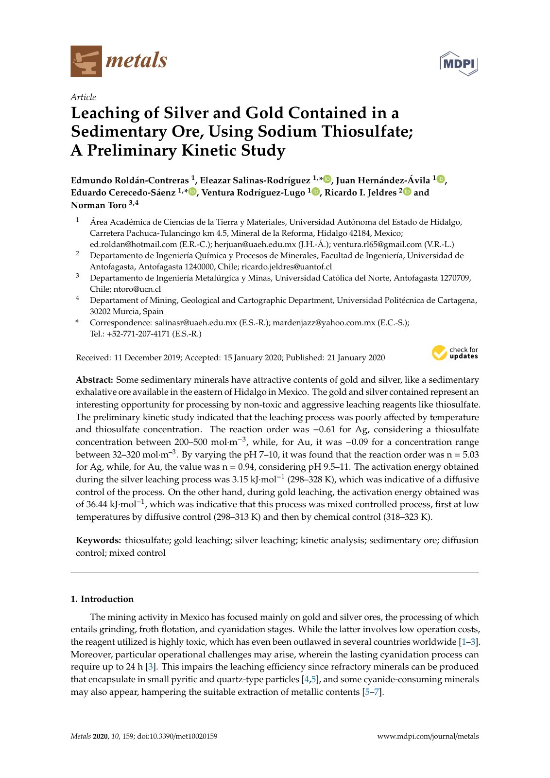 First page of Leaching of Silver and Gold Contained in