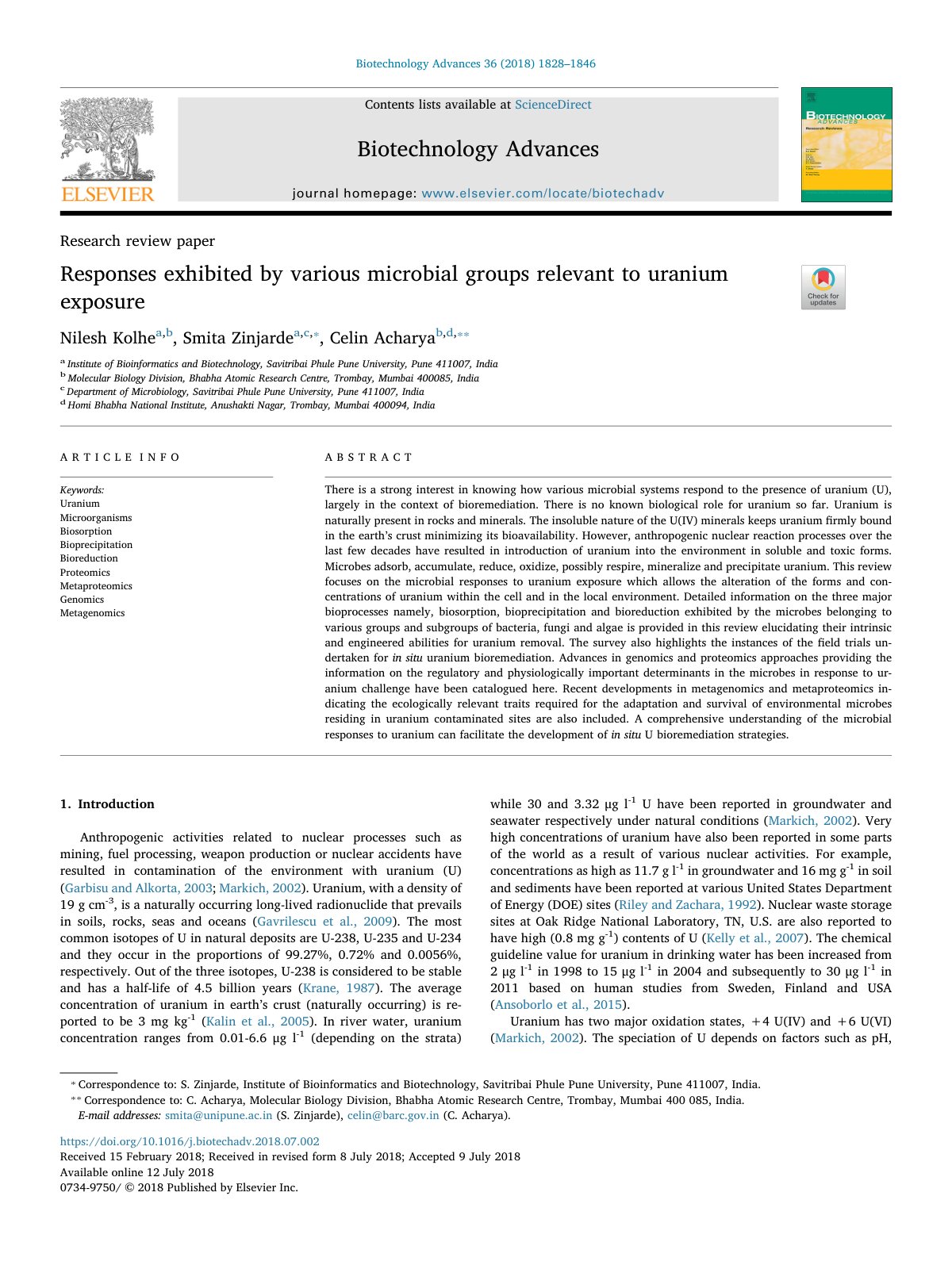 First page of Responses exhibited by various microbial groups relevant to uranium exposure