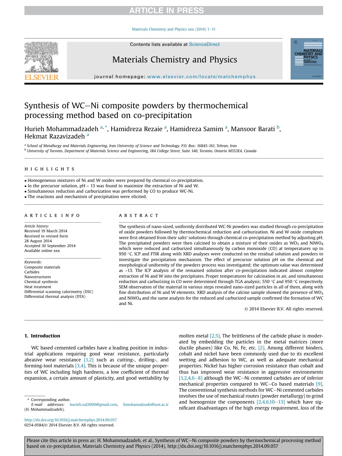 First page of Synthesis of WC Ni composite powders by