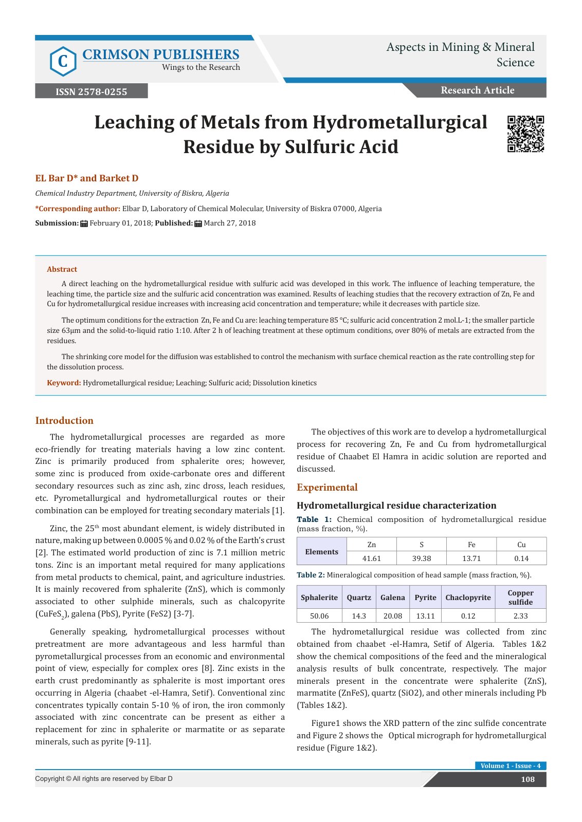 First page of Leaching of Metals from Hydrometallurgical Residue by Sulfuric Acid