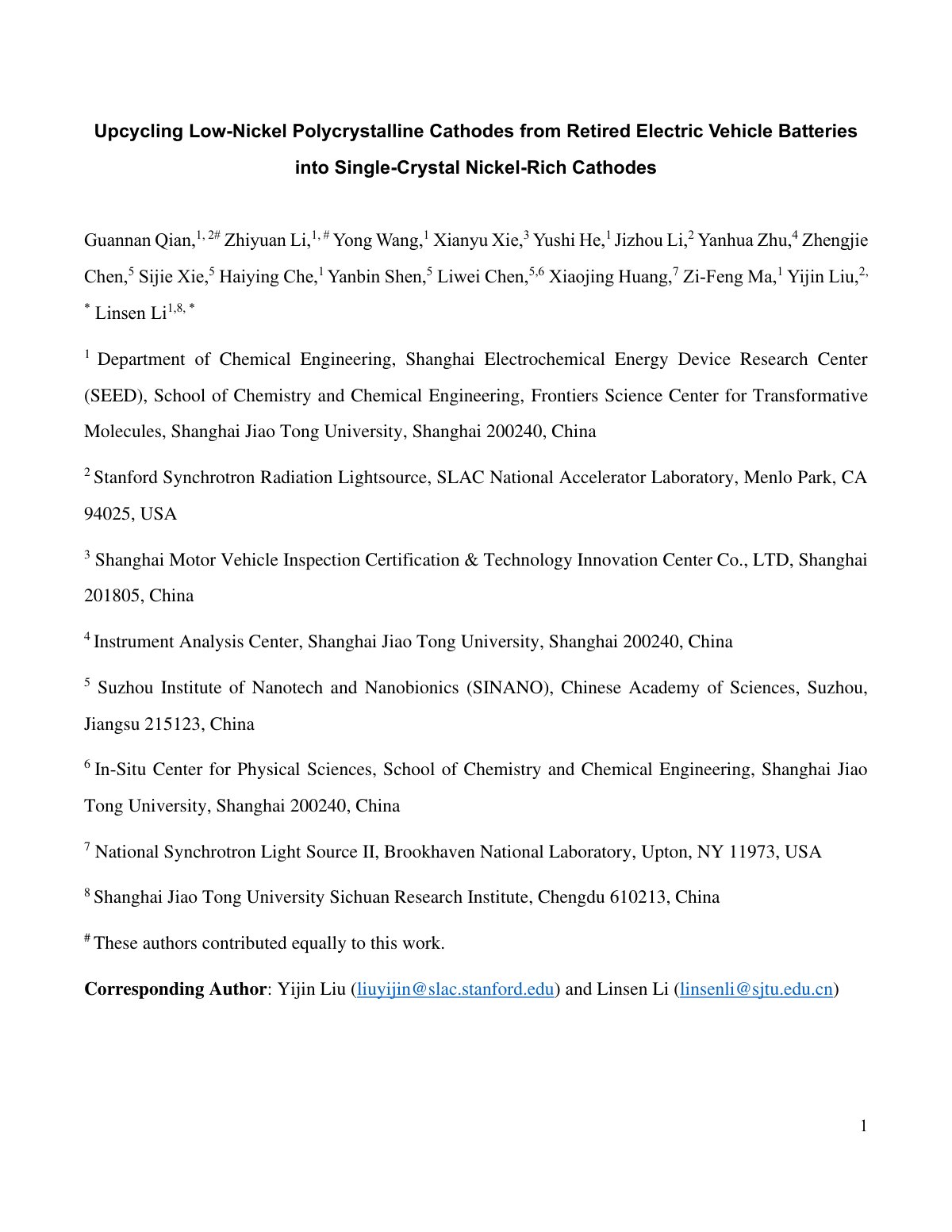 First page of Upcycling Low-Nickel Polycrystalline Cathodes from Retired Electric Vehicle Batteries
