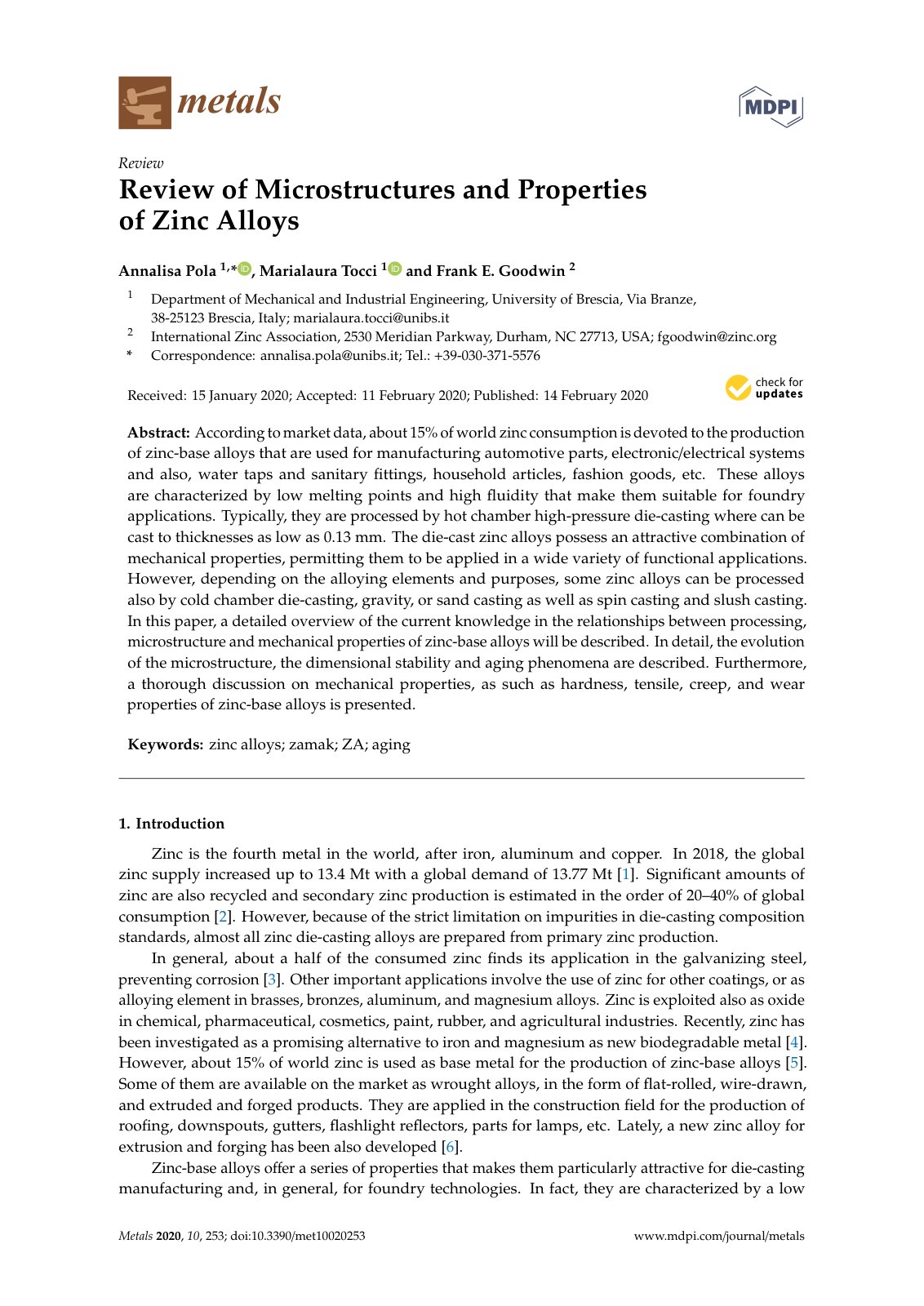 First page of Review of Microstructures and Properties of Zinc Alloys