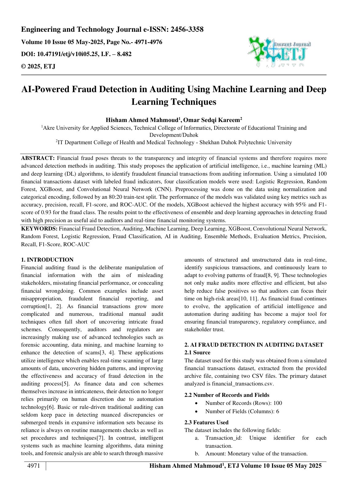 First page of AI-Powered Fraud Detection in Auditing Using Machine Learning and Deep  Learning Techniques  