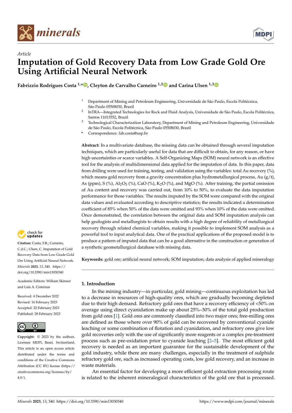 First page of Imputation of Gold Recovery Data from Low Grade Gold Ore Using Artificial Neural Network