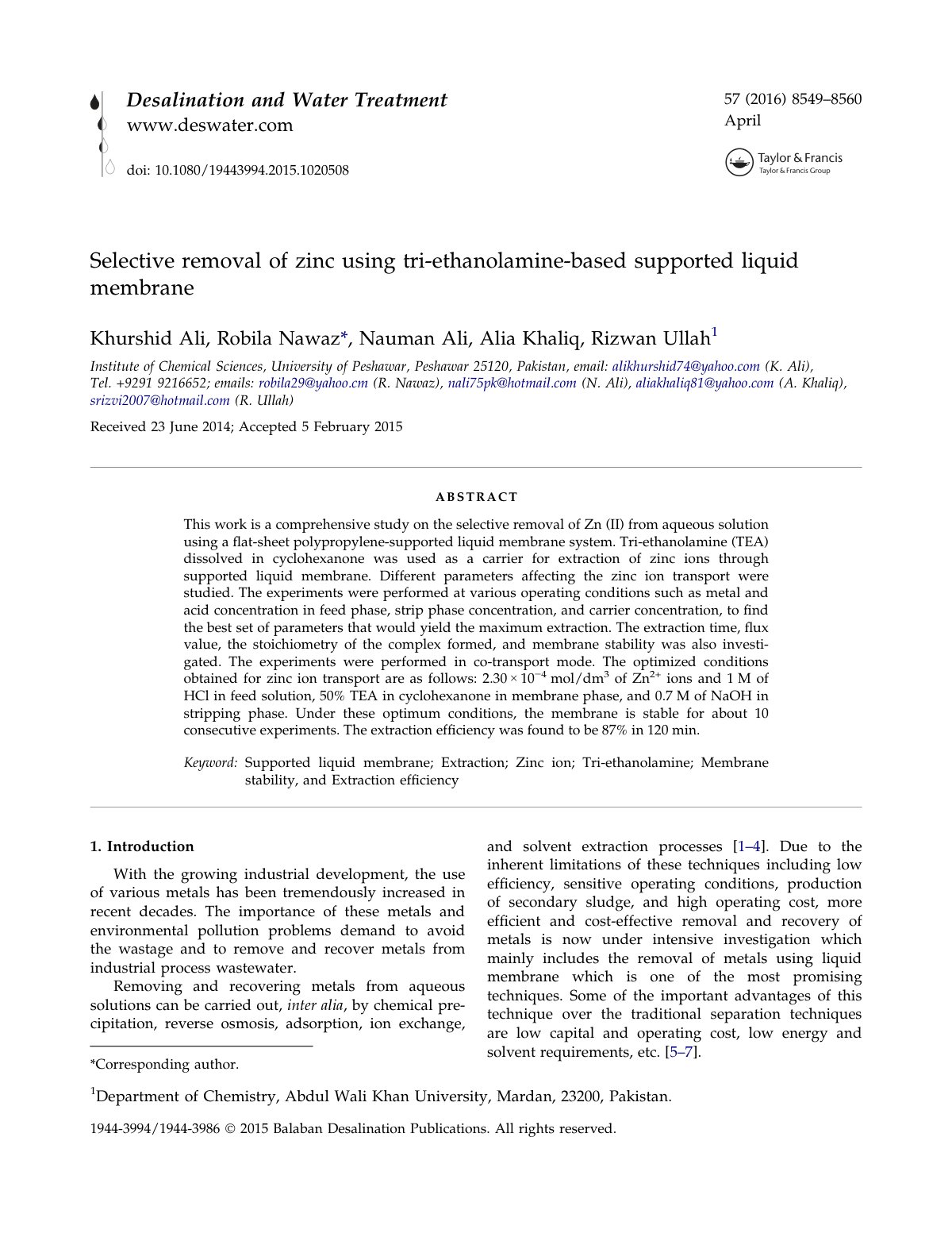 First page of Selective removal of zinc using tri ethanolamine b 2016 Desalination and Wat