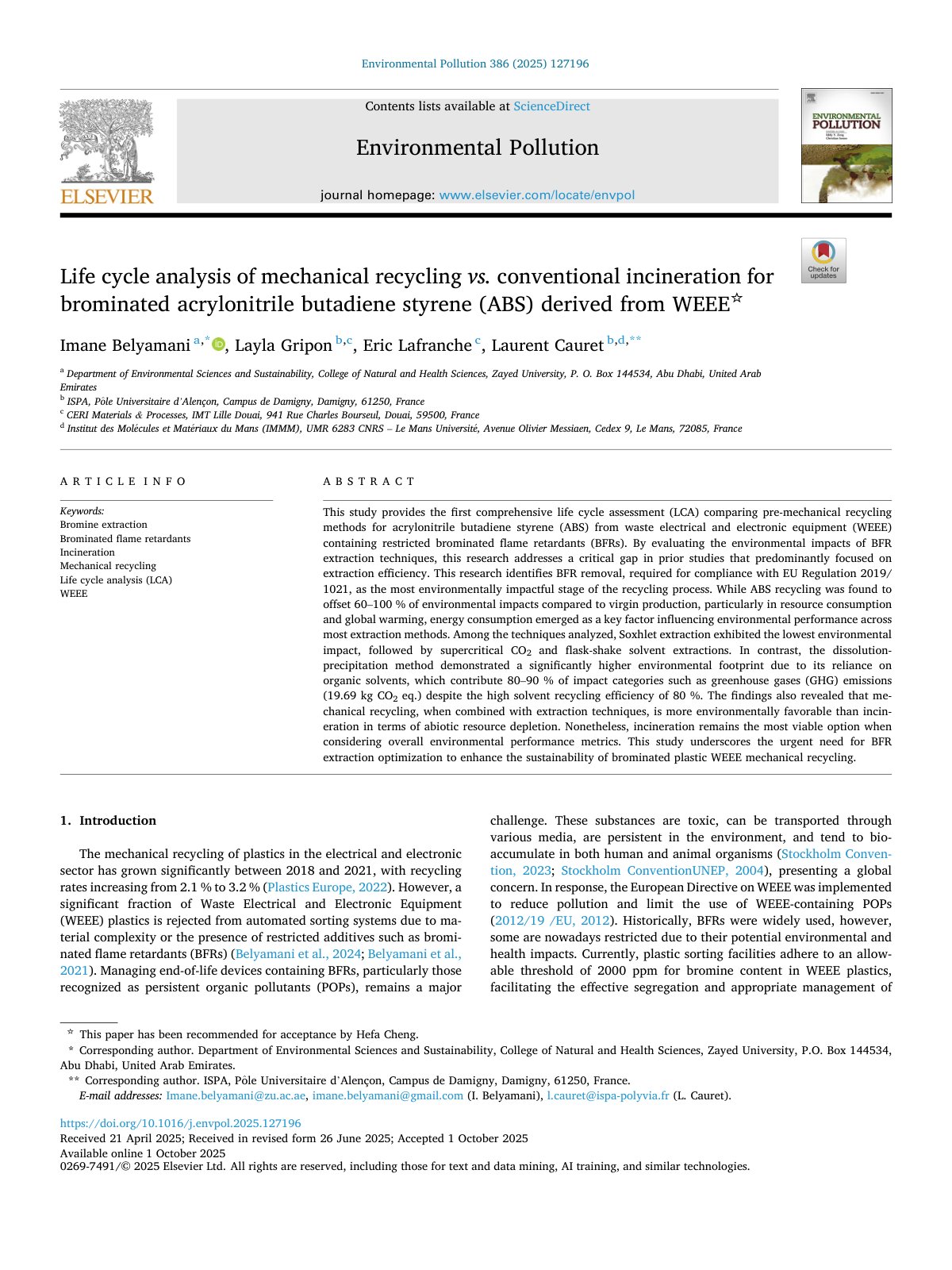 First page of Life cycle analysis of mechanical recycling vs  conventional  2025 Environme
