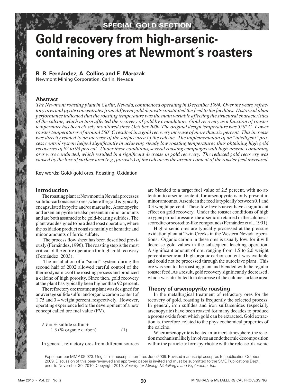 First page of Gold recovery from high-arsenic-containing ores at Newmont´s roasters