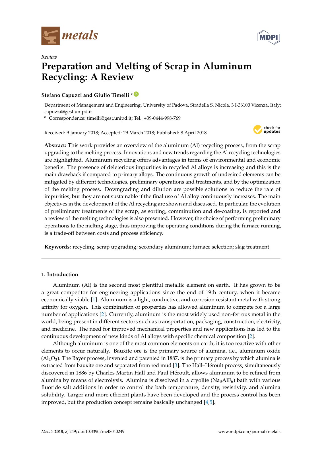 First page of Preparation and Melting of Scrap in Aluminum Recycling: A Review