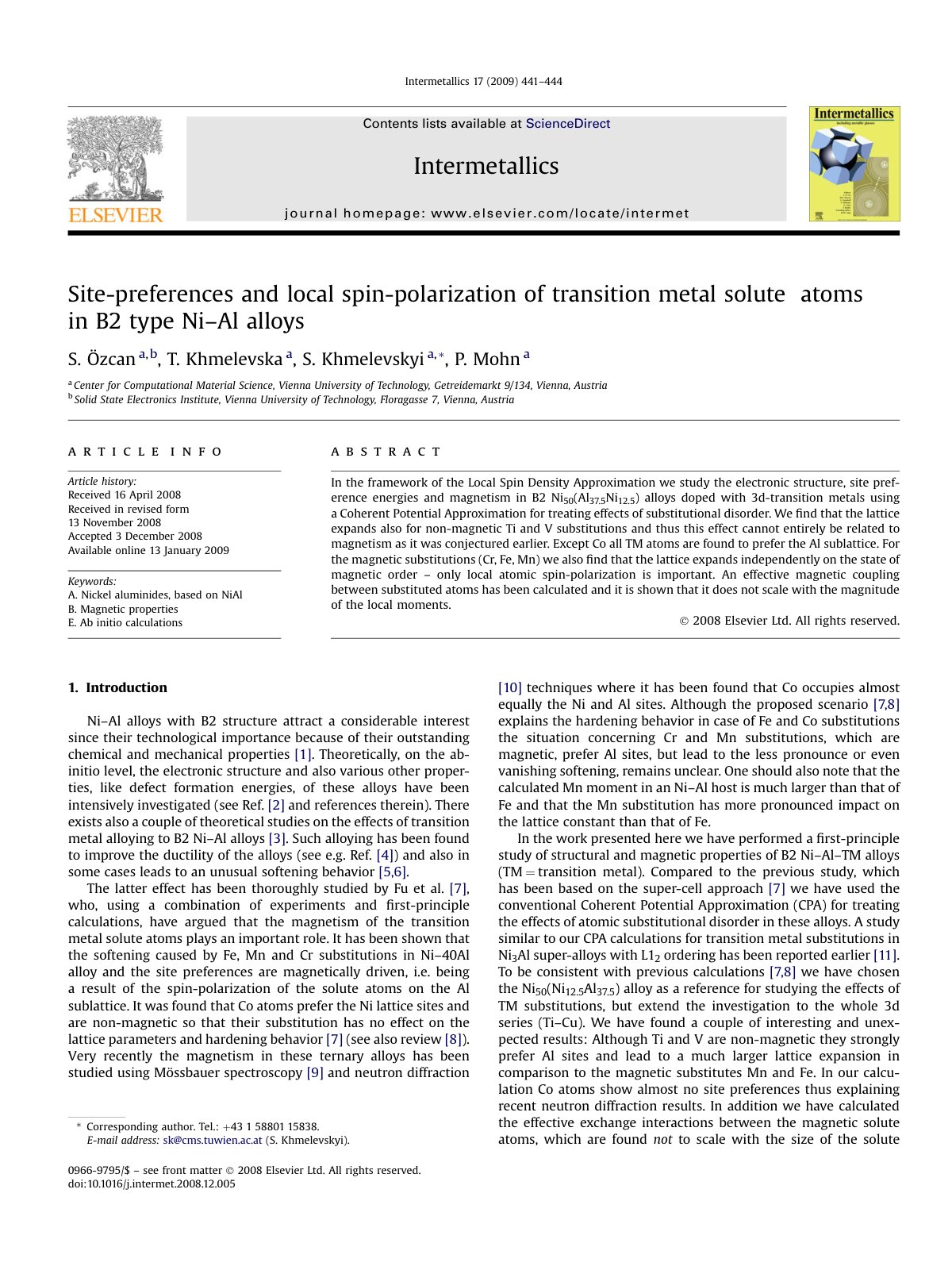First page of Site-preferences and local spin-polarization of transition metal solute atoms in B2 type Ni–Al alloys