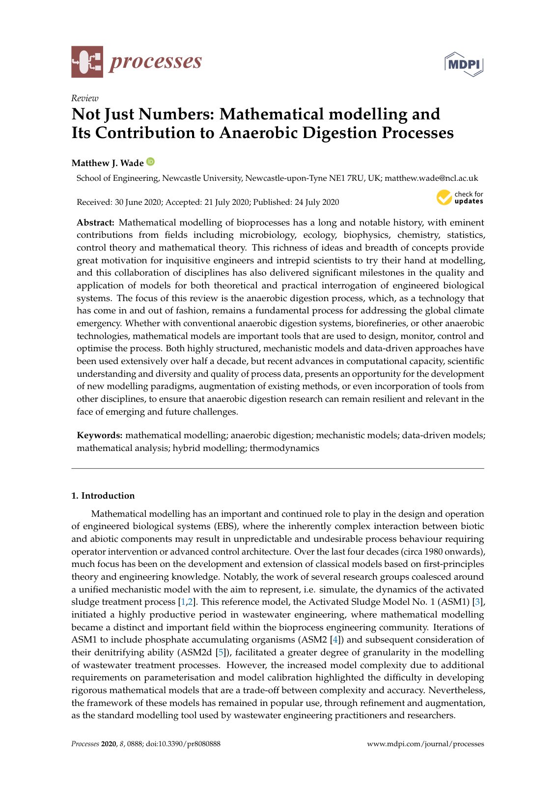 First page of Not Just Numbers: Mathematical modelling and Its Contribution to Anaerobic Digestion Processes